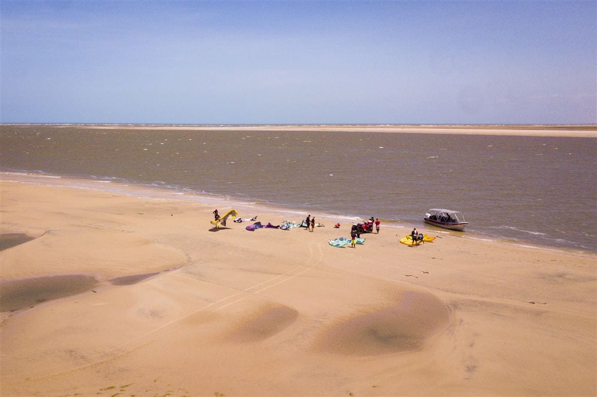 Bando de guaras-vermelhos em voo sobre o Delta do Parnaiba